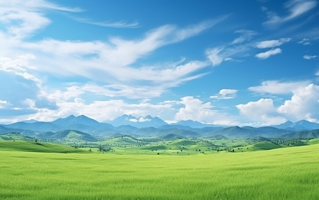 Foto un campo verde con le montagne sullo sfondo