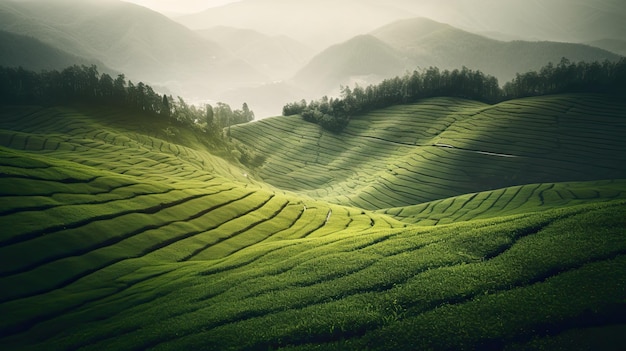 A green field with mountains in the background