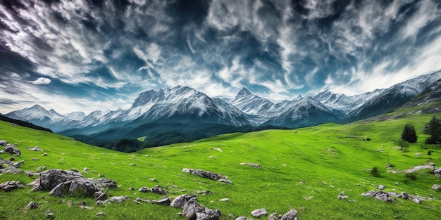 Foto un campo verde con le montagne sullo sfondo