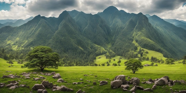 A green field with mountains in the background