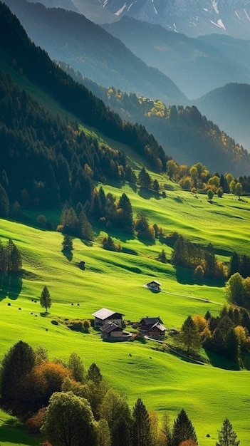 A green field with mountains in the background