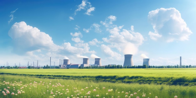 A Green Field With A Power Plant In The Background