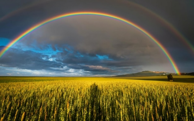 A green field with a rainbow on the horizon