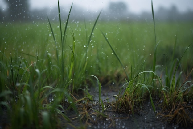 A green field with raindrops on the grass