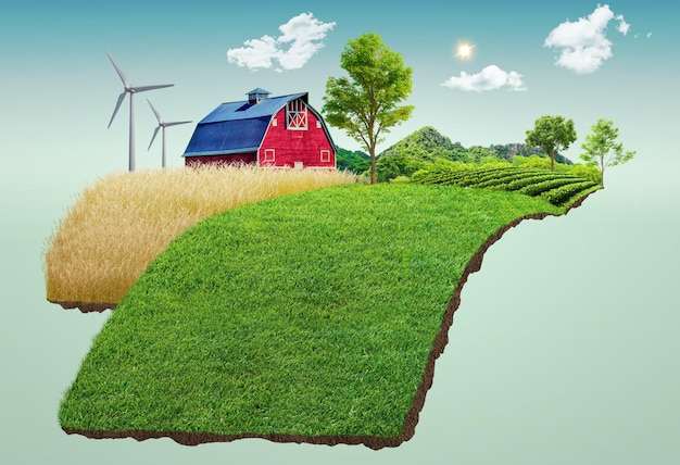 A green field with a red barn and windmills on it