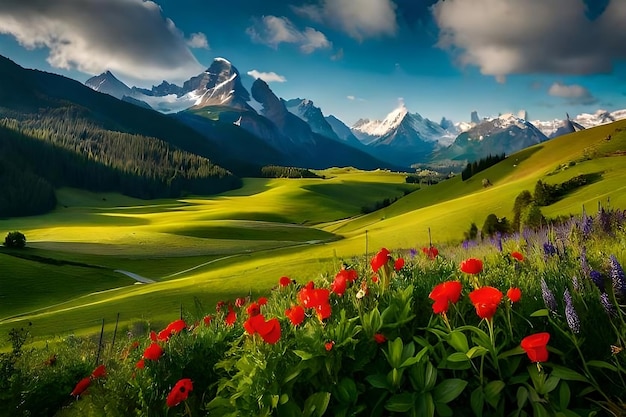 A green field with red flowers in front of a mountain range