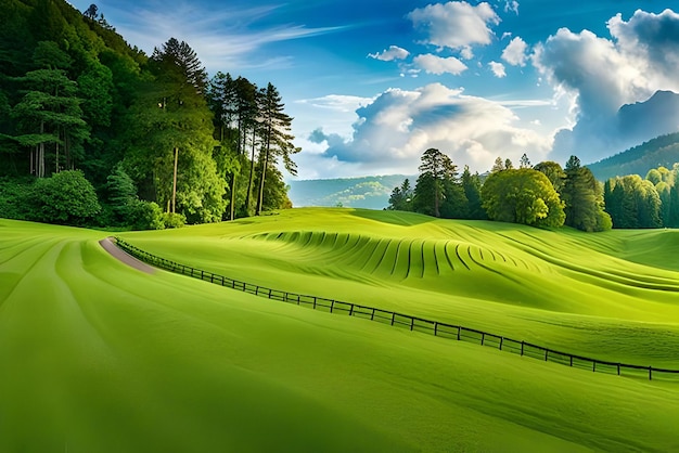 A green field with a road leading to a forest and a fence.