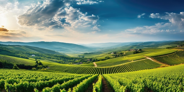 Зеленое поле с рядами виноградников для сбора урожая Спелый виноград для производства изысканных вин Генеративный ИИ