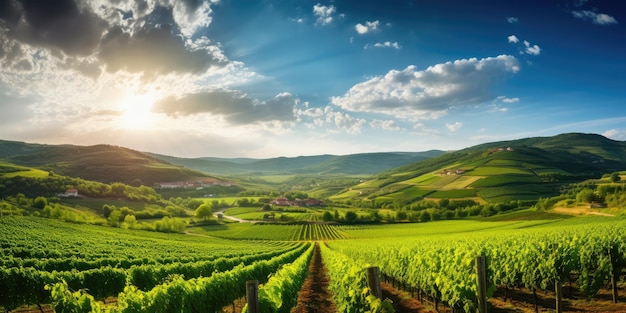 Green field with rows of vines for harvesting ripe grapes for the production of fine wines generative ai