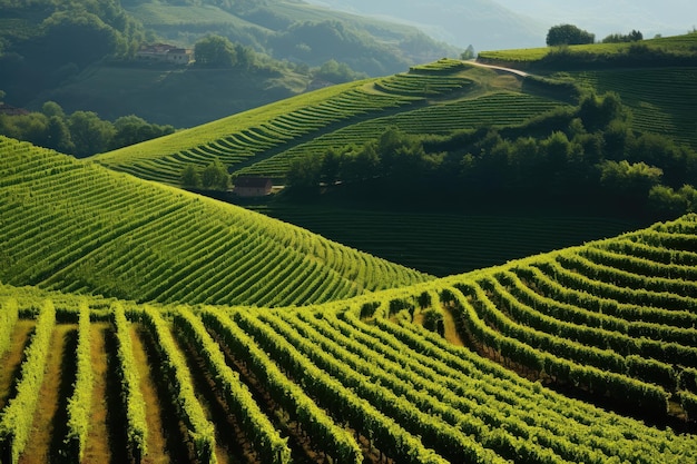 Green field with rows of vines for harvesting Ripe grapes for the production of fine wines Generative AI