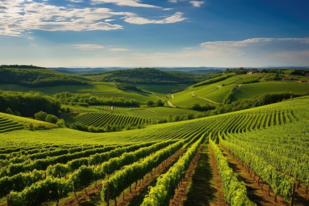 Green field with rows of vines for harvesting Ripe grapes for the production of fine wines Generative AI