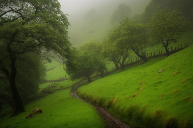 A green field with a sheep on it