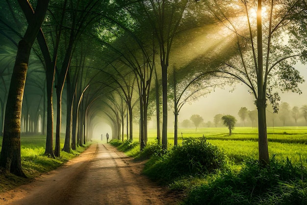 A green field with a sunburst in the sky