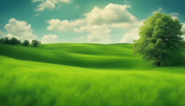 Photo a green field with a tree and a field of grass