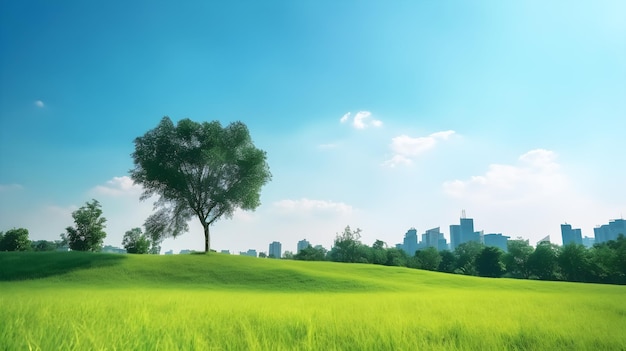 A green field with a tree in the foreground and a city in the background.