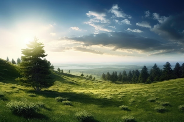 a green field with trees and a blue sky