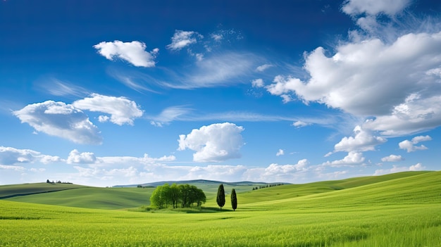 A green field with trees and blue sky