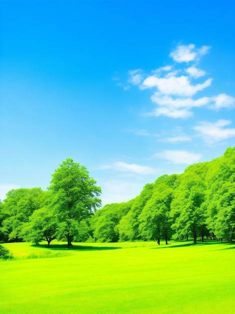 A green field with trees and a blue sky