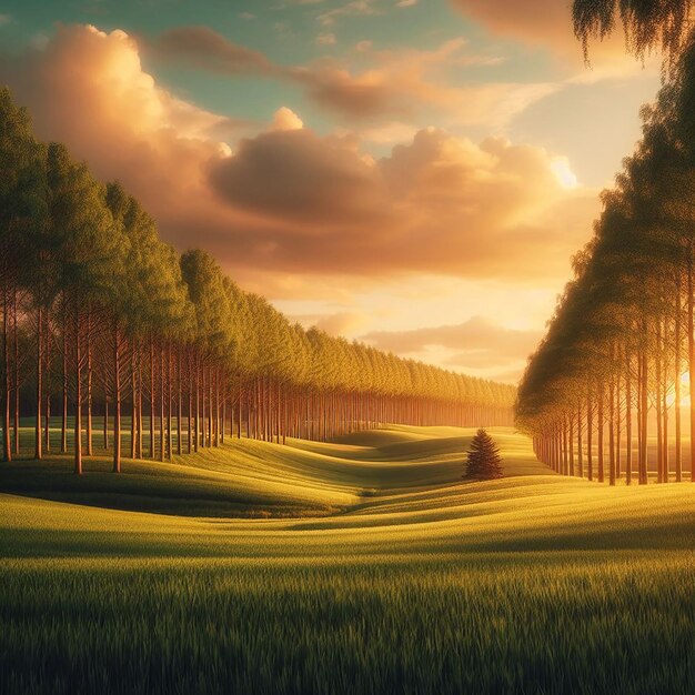 Green field with trees and cloud in the sky