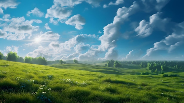 A green field with trees and clouds