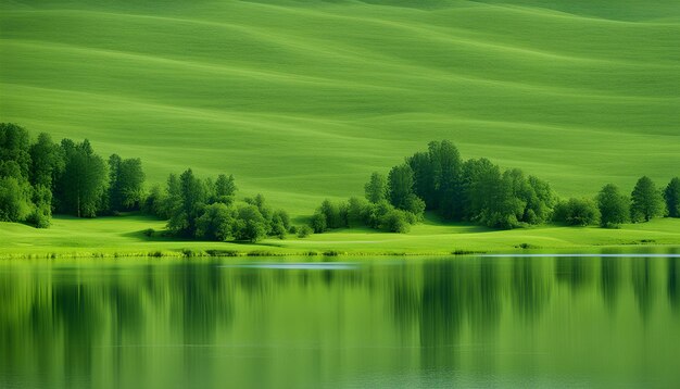 Photo a green field with trees and a lake in the background