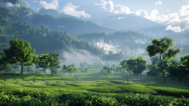 Foto campo verde con alberi e montagne