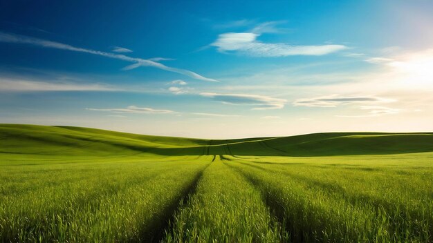 Green fieldblue sky and sun