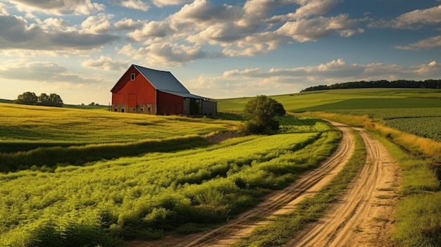 Green fields rural barns