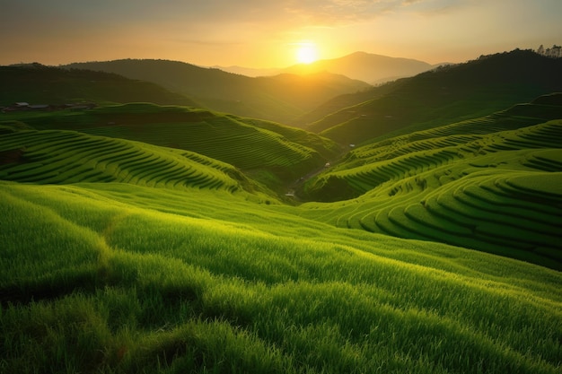 Green fields at sunset generative ai