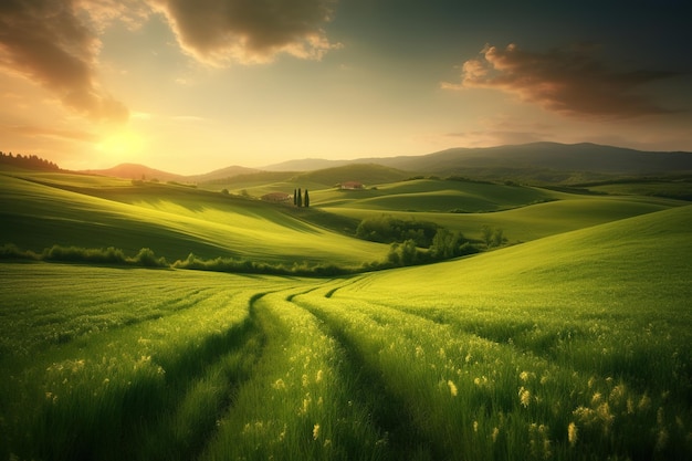 Green fields in the sunset wallpaper