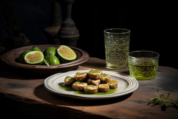 Green figs in a plate with drink side view on plaster and wooden table