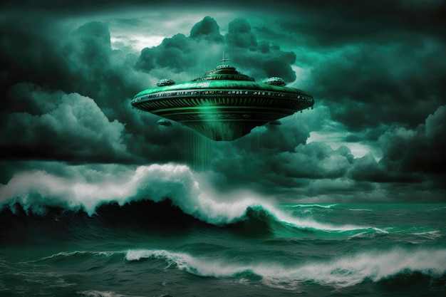 Green filtered image of UFO flying above stormy ocean