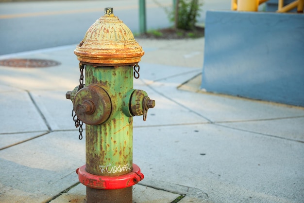 A green fire hydrant with a chain hanging from it