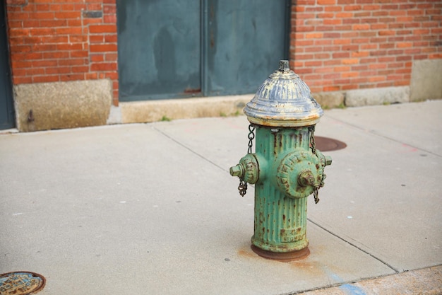 A green fire hydrant with the word fire on it