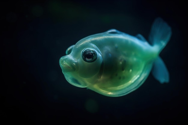 A green fish with a black background and the word piranha on the bottom