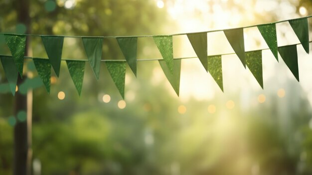 Green flags garland on a blurred background Festive garland with lights