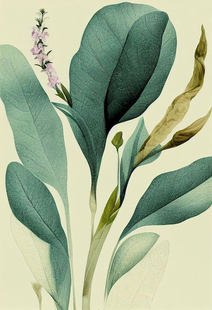 Photo green floral leaf painting, abstract plant, decoratif leaf illustration