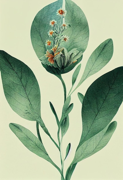Фото Зеленый цветочный лист, абстрактное растение, декоративная иллюстрация листа