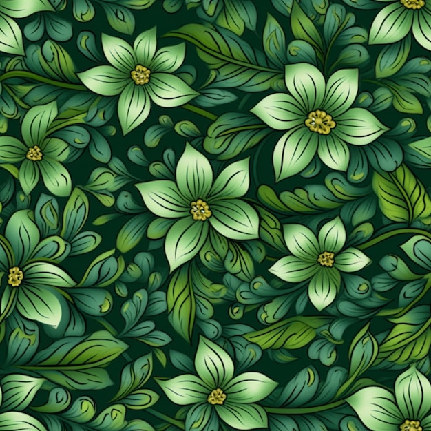 Photo a green floral pattern with leaves and flowers on a dark background generative ai