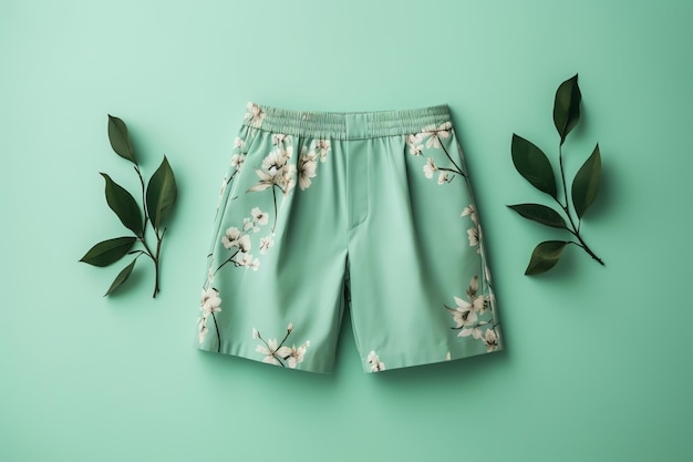 Photo a green floral shorts with a white flower pattern on the front and a green background.