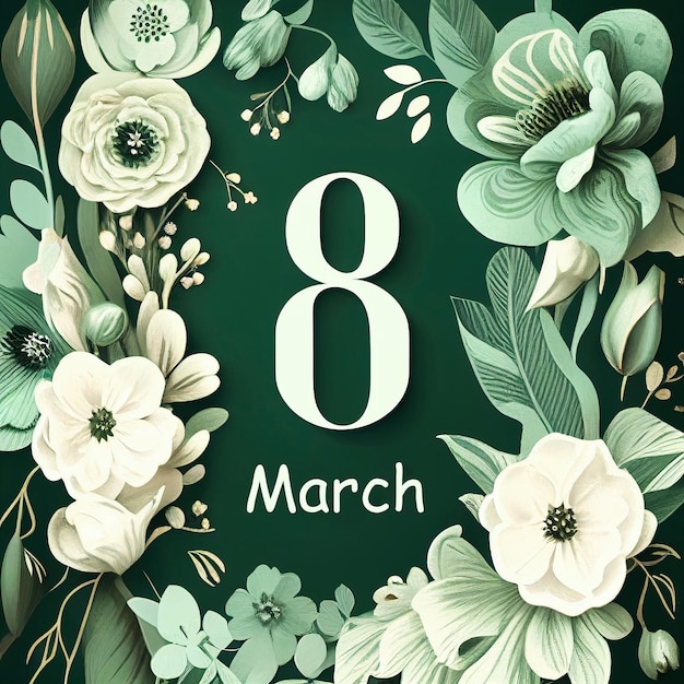 Фото Зеленые цветочные обои для празднования международного женского дня. красивый ботанический дизайн с номером 8, цветами и генеративным искусственным интеллектом. фото высокого качества
