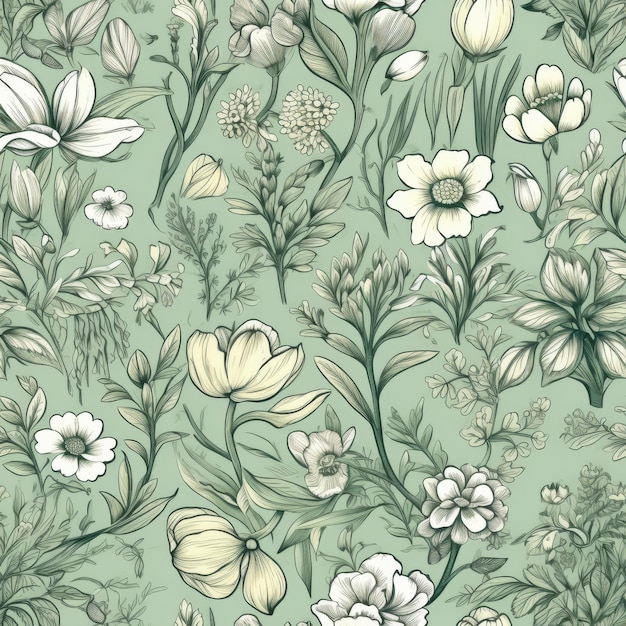 Green Floral Wallpaper With White Flowers