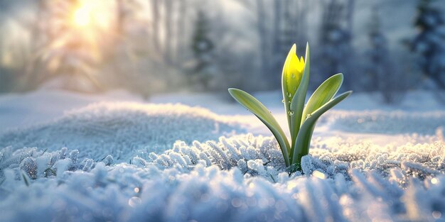 a green flower is growing in the snow