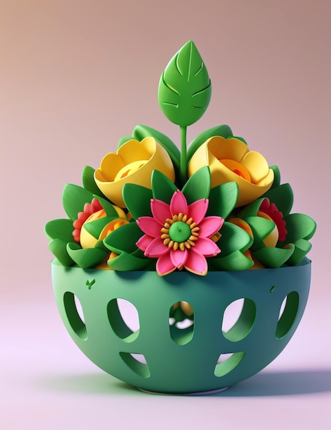 a green flower pot with a flower in it