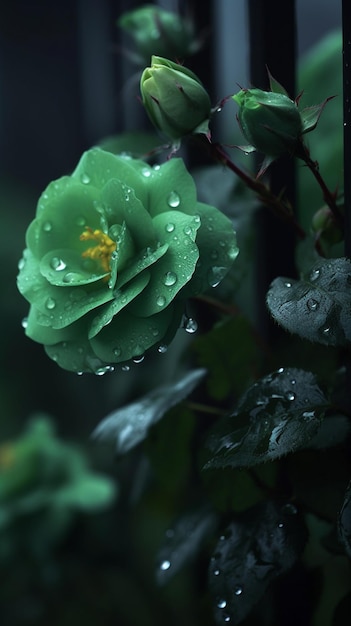 雨の中の緑の花