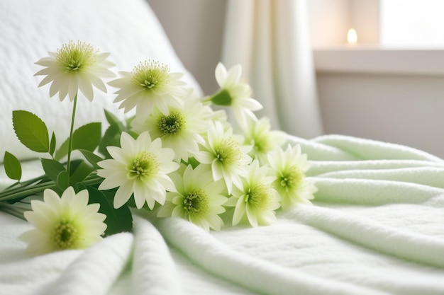 Foto fiori verdi su una coperta bianca con una luce morbida