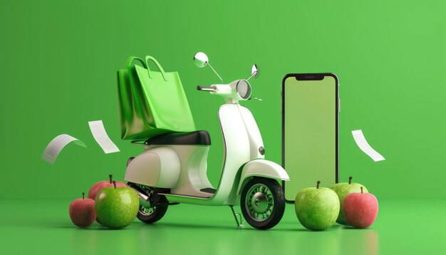 Green food bag or box is placed on white motorcycle or scooter and all on smartphone with green