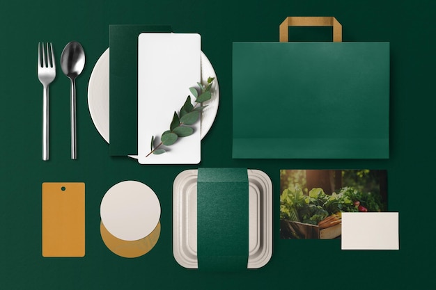 green food business branding set flat lay design