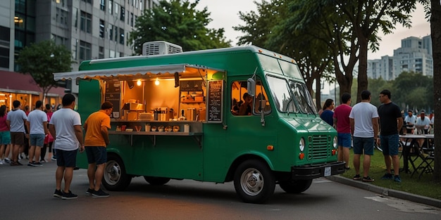 Photo a green food truck with the word quot sushi quot on the side