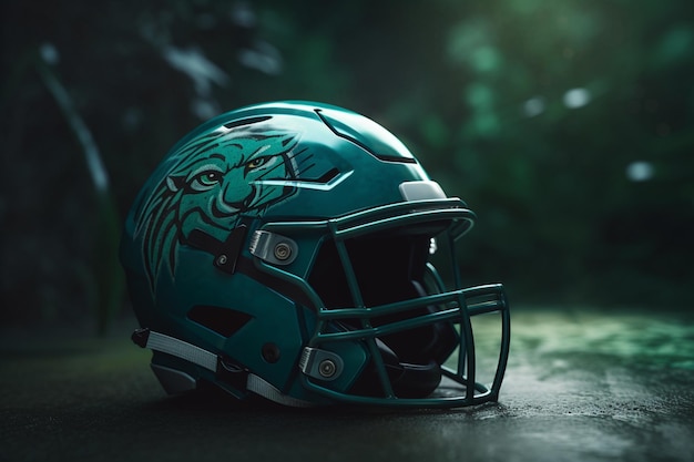 A green football helmet with a lion on it.